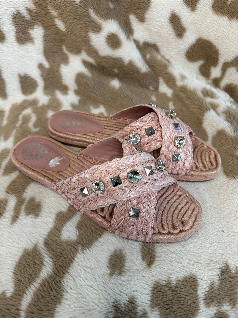 Vince Camuto Pink Braided Slide Sandals with Crystal Studs